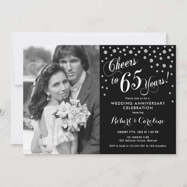 Invitation 65e anniversaire avec photo - Noir blanc argenté (Devant)