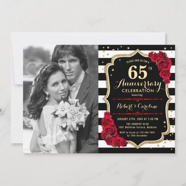 Invitation 65e anniversaire avec photo - Or Noir Rouge (Devant)