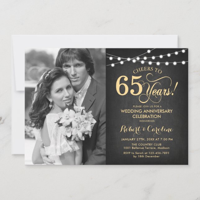 Invitation 65e anniversaire avec photo - Tableau noir et or (Devant)