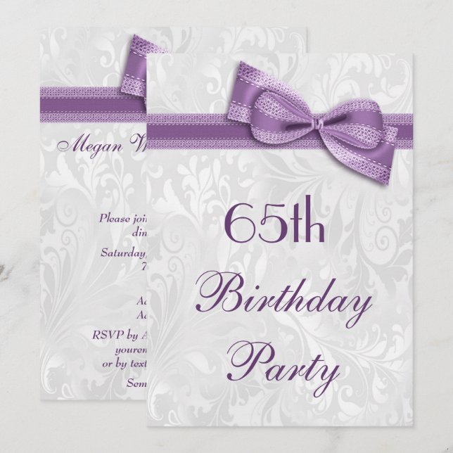 Invitation 65e anniversaire Damas et Purple Faux Bow (Devant / Derrière)