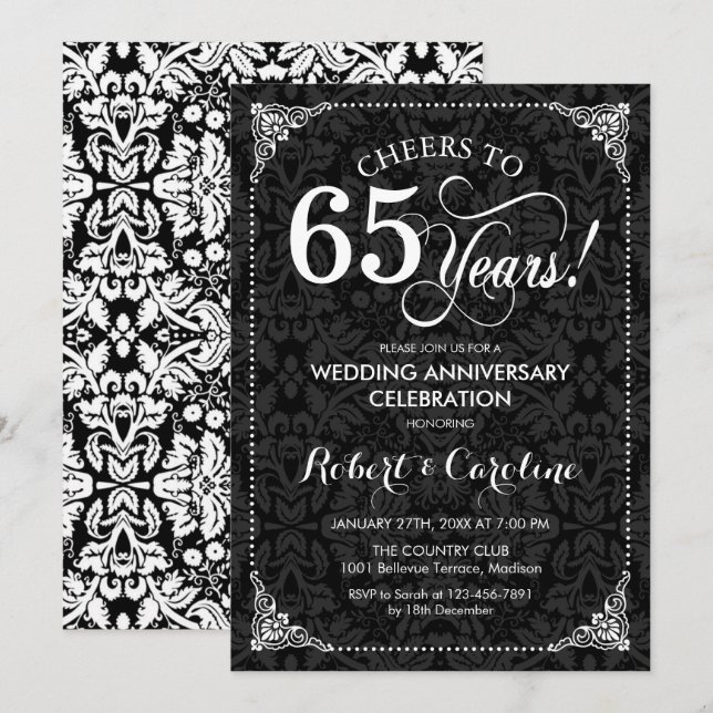 Invitation 65e anniversaire de mariage - Damassé noir et blan (Devant / Derrière)