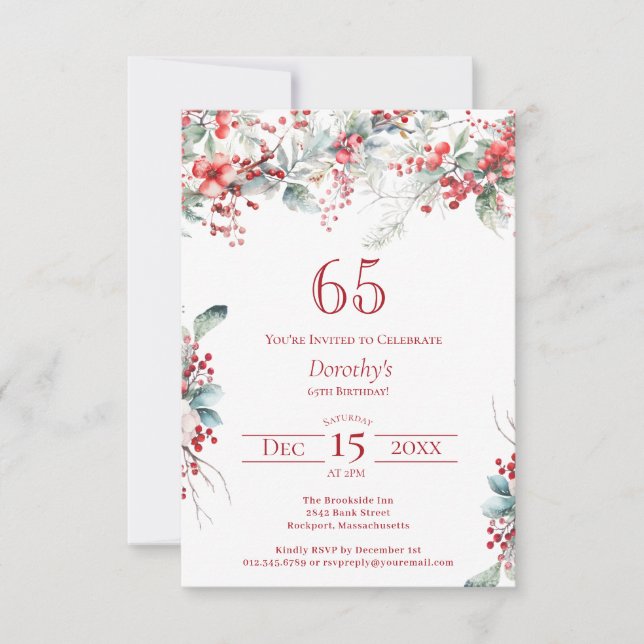 Invitation 65e anniversaire Elégant Berry d'hiver Botanique (Devant)
