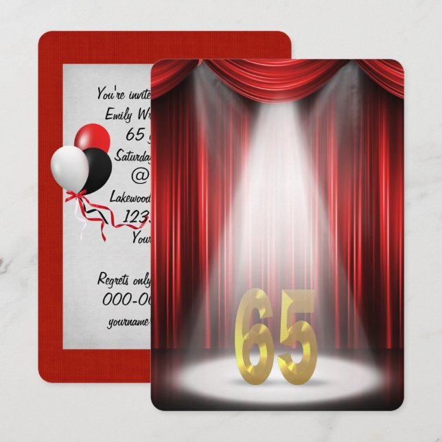Invitation 65e anniversaire fête sous les projecteurs (Devant / Derrière)