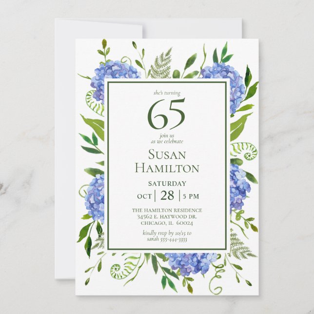 Invitation 65e Anniversaire Hydrangeas Bleus (Devant)