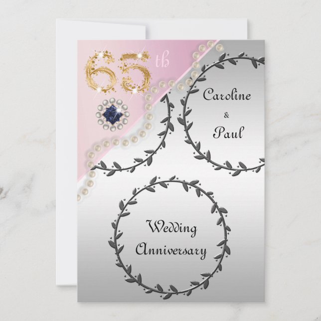 Invitation 65e anniversaire Mariage Embossed Silver Rose or (Devant)