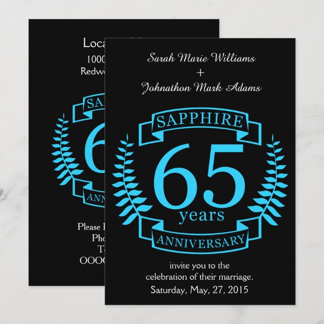 Invitation 65e ANNIVERSAIRE Mariage SAPPHIRE (Devant / Derrière)