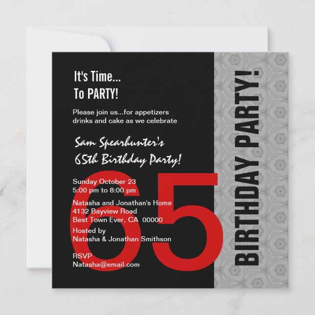 Invitation 65e anniversaire ou toute année Noir d'argent roug (Devant)