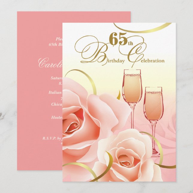 Invitation 65e anniversaire. Roses rose (Devant / Derrière)