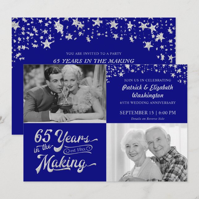 Invitation 65e Anniversaire Saphir Étoiles Pailletées Argenté (Devant / Derrière)