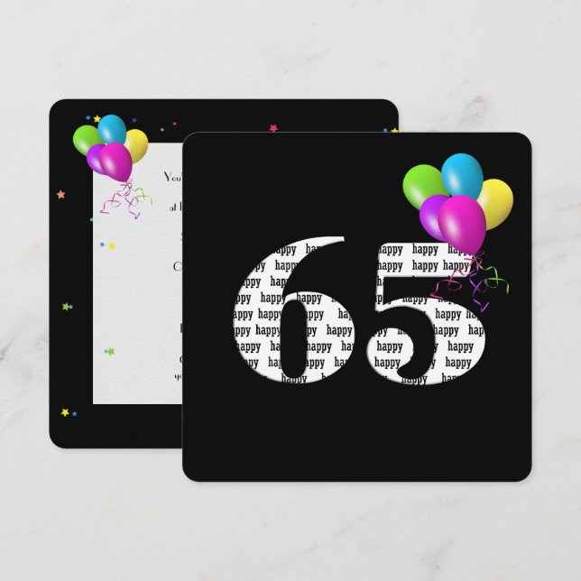 Invitation 65e fête d'anniversaire avec bouquet de ballons (Devant / Derrière)