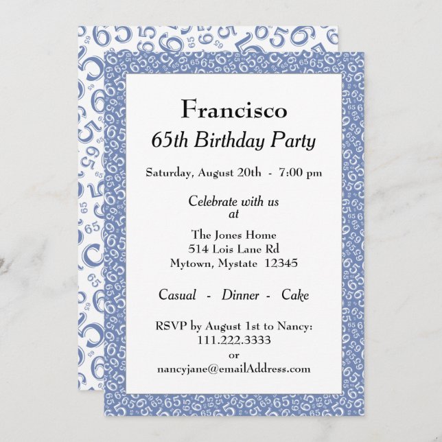 Invitation 65e fête d'anniversaire, Motif de numéro bleu/blan (Devant / Derrière)