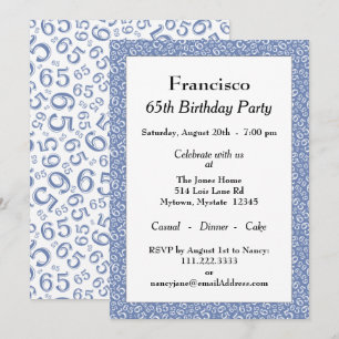 Invitation 65e fête d'anniversaire, Motif de numéro bleu/blan