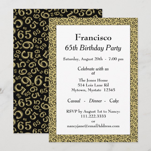 Invitation 65e fête d'anniversaire, Motif de numéro or/noir (Devant / Derrière)