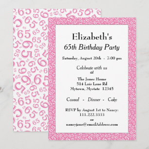 Invitation 65e fête d'anniversaire, Motif numérique rose/blan
