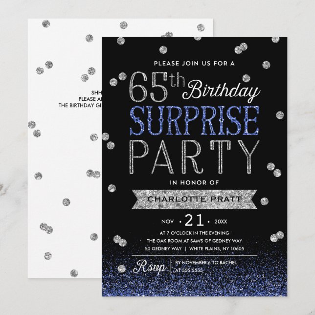 Invitation 65e Parties scintillant d'argent bleu Confetti Sur (Devant / Derrière)