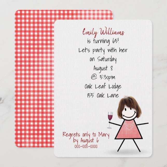 Invitation 65ème anniversaire Fille avec vin (Devant / Derrière)