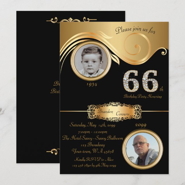 Invitation 66ème, Anniversaire Homme 66ème, élégant art déco, (Devant / Derrière)