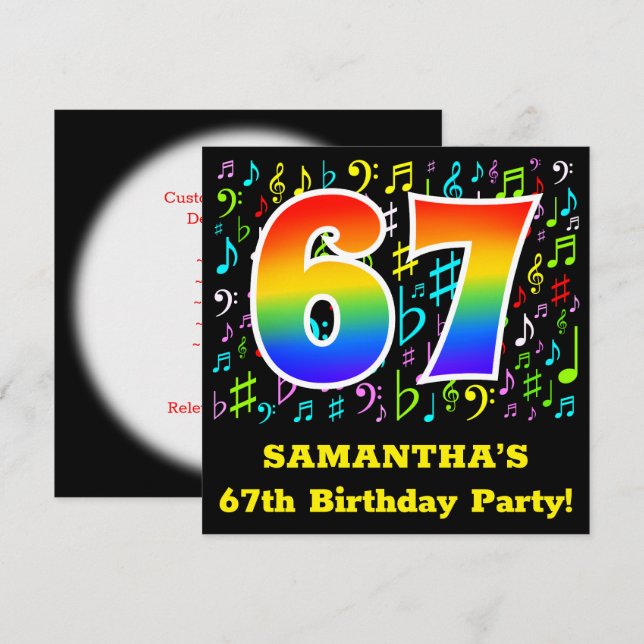 Invitation 67e fête d'anniversaire : Symboles de musique amus (Devant / Derrière)