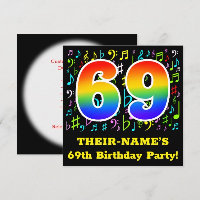 Invitation 69e fête d'anniversaire : Symboles de musique amus (Devant / Derrière)