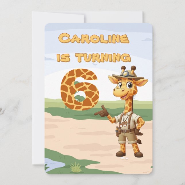 Invitation 6e anniversaire Cute Explorer Giraffe en safari (Devant)