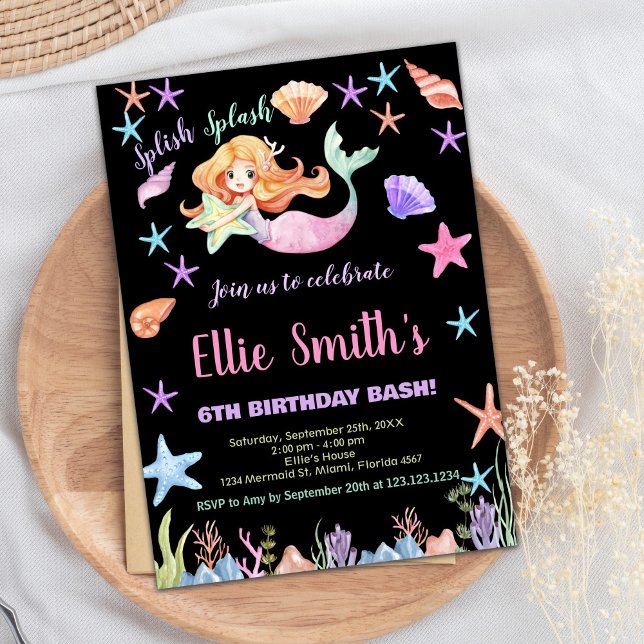 Invitation 6e anniversaire de la Sirène Pink Under the sea (6th Pink Under the sea Mermaid Birthday Invitation)