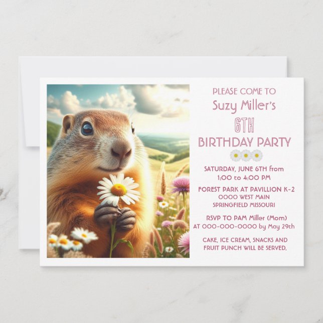 Invitation 6e anniversaire fille animal et marguerite (Devant)