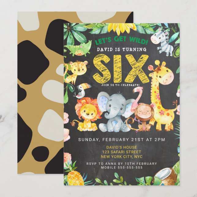Invitation 6e anniversaire Garçon Safari Animaux Chalkboard J (Devant / Derrière)