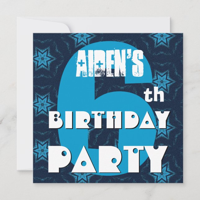 Invitation 6e anniversaire moderne Six ans Big Blue Stars B35 (Devant)