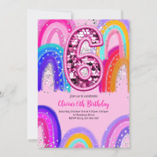 Invitation 6e anniversaire Rainbow Pink Party