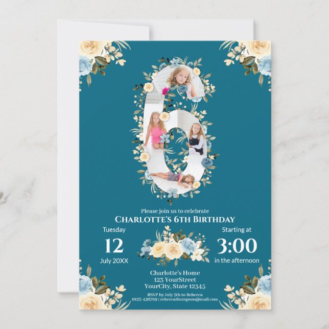Invitation 6e anniversaire Turquoise Fleur photo Collage bleu (Devant)