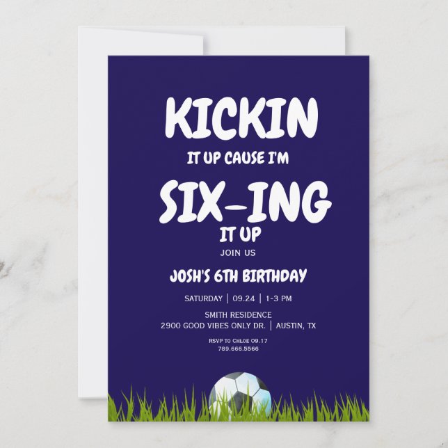 Invitation 6e Fête d'anniversaire de Kickin it Up Blue Soccer (Devant)