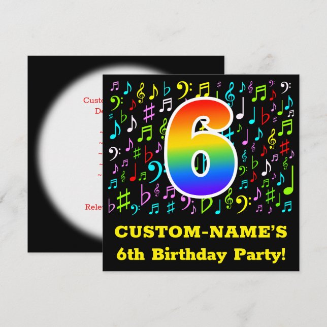 Invitation 6e fête d'anniversaire : Symboles de musique amusa (Devant / Derrière)