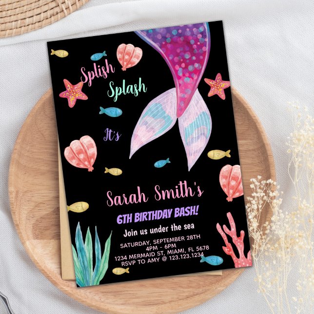 Invitation 6ème Dark Pink sur le dessus mermaid Anniversaire (6th Dark Pink on top mermaid Birthday Invitation)