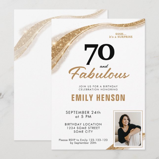 Invitation 70 and Fabulous Gold 70th Birthday (Devant / Derrière)