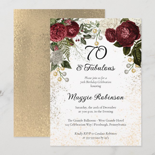Invitation 70 et Fabulous Glam Rose Floral fête d'anniversair (Devant / Derrière)