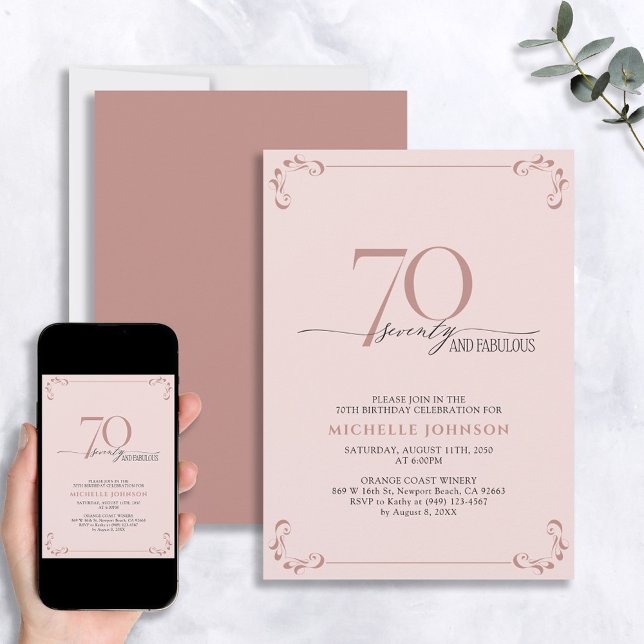 Invitation 70 & Fabuleux Blush Pink & Black Anniversaire (Créateur téléchargé)