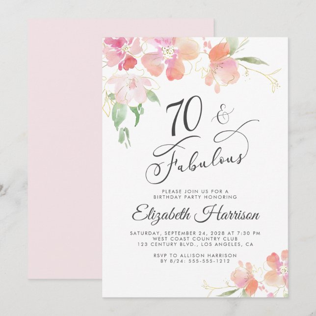 Invitation 70 Fabuleux Pink Floral Aquarelle fête d'anniversa (Devant / Derrière)