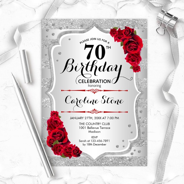 Invitation 70e anniversaire - Argent rayures Roses rouges (Créateur téléchargé)