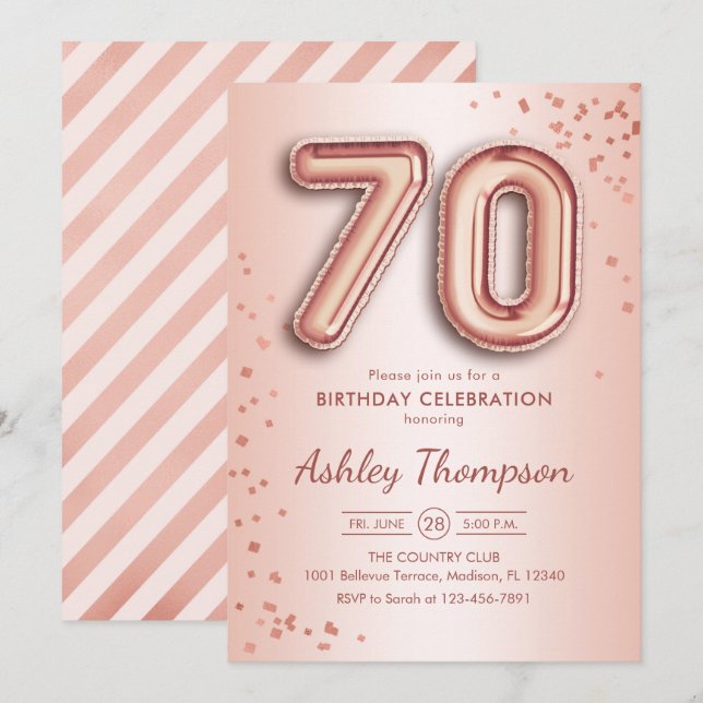 Invitation 70e anniversaire - Ballons d'or Rose (Devant / Derrière)