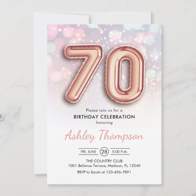 Invitation 70e anniversaire - Ballons d'or Rose Lumières rose (Devant)