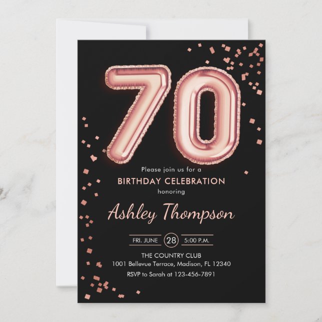 Invitation 70e anniversaire - Ballons d'or Rose noir (Devant)