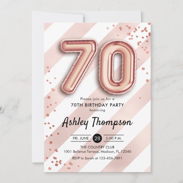 Invitation 70e anniversaire - Ballons Roses en or (Devant)