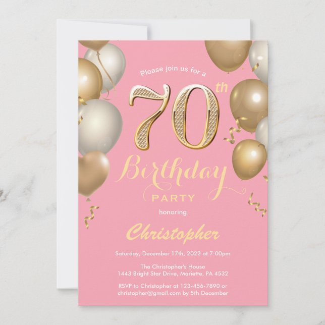 Invitation 70e anniversaire Balloons rose et or Confetti (Devant)