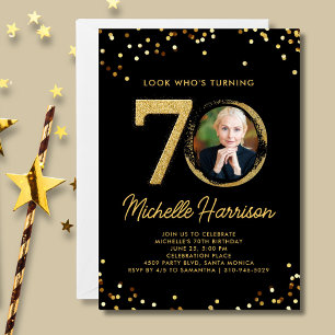 Invitation 70e Anniversaire Black Gold Confetti Photo