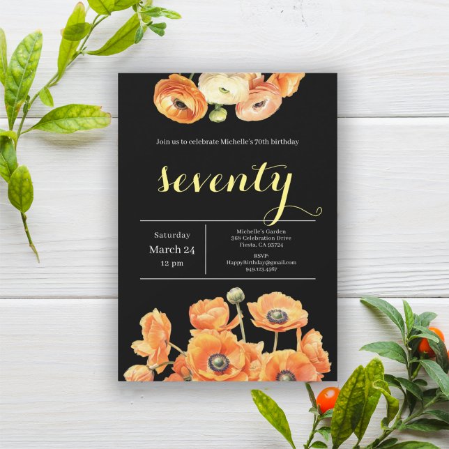 Invitation 70e anniversaire Black Script Orange Floral Party (Créateur téléchargé)