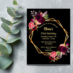 Invitation 70e anniversaire bordeaux floral or géométrique no