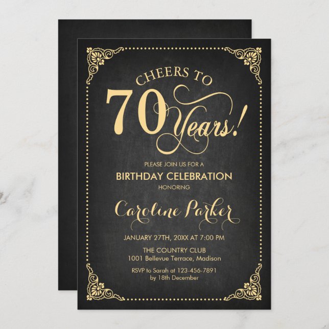 Invitation 70e anniversaire - Chalkboard Gold (Devant / Derrière)
