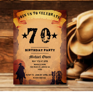 Invitation 70e anniversaire cowboy vieux papier cheval cheval