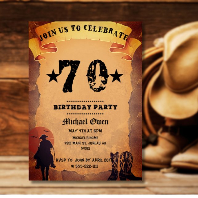 Invitation 70e anniversaire cowboy vieux papier cheval cheval (Créateur téléchargé)