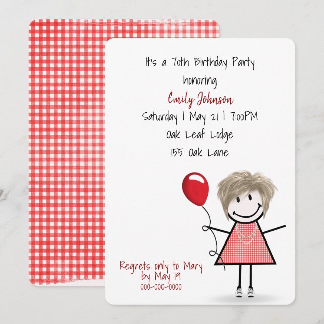Invitation 70e anniversaire de fête fille avec ballon rouge (Devant / Derrière)
